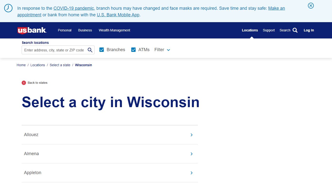 US Bank Locations in Wisconsin